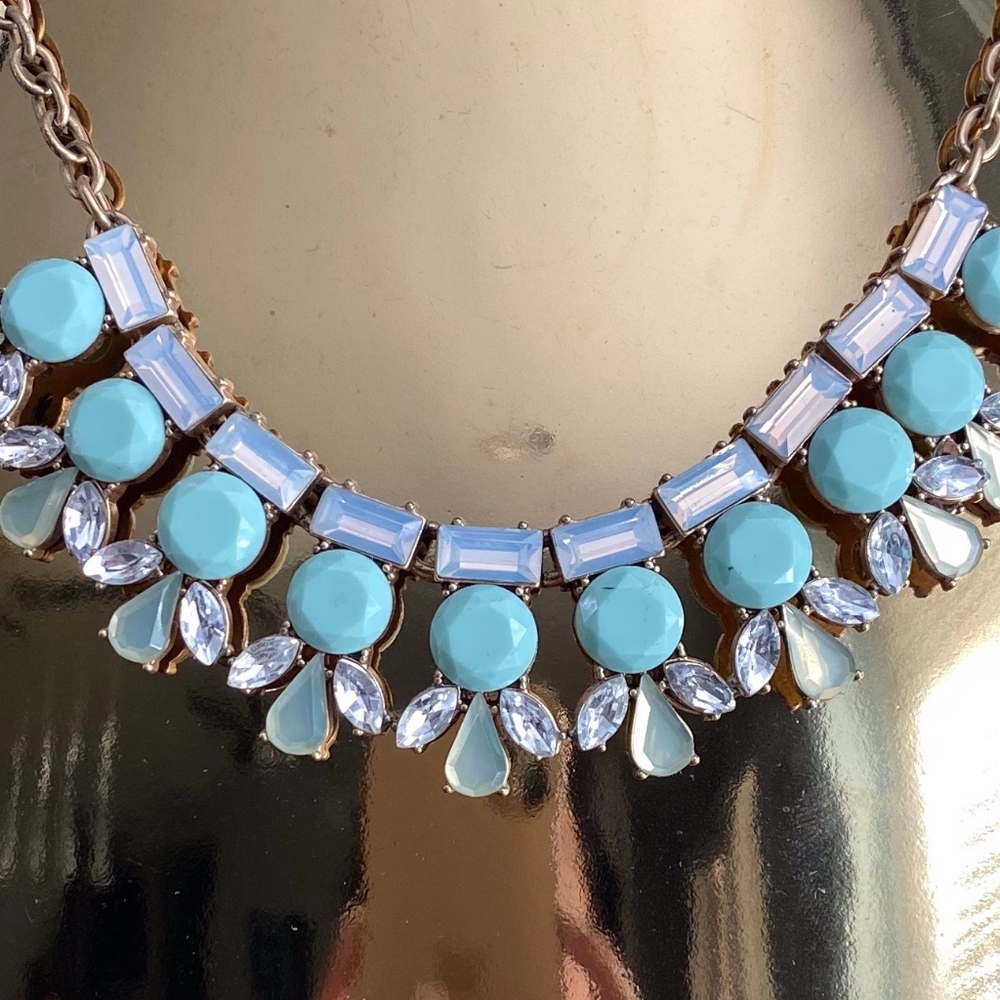 J Crew Baby Blue Teal Gold Crystal Necklace